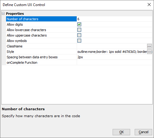 Enter Code control properties